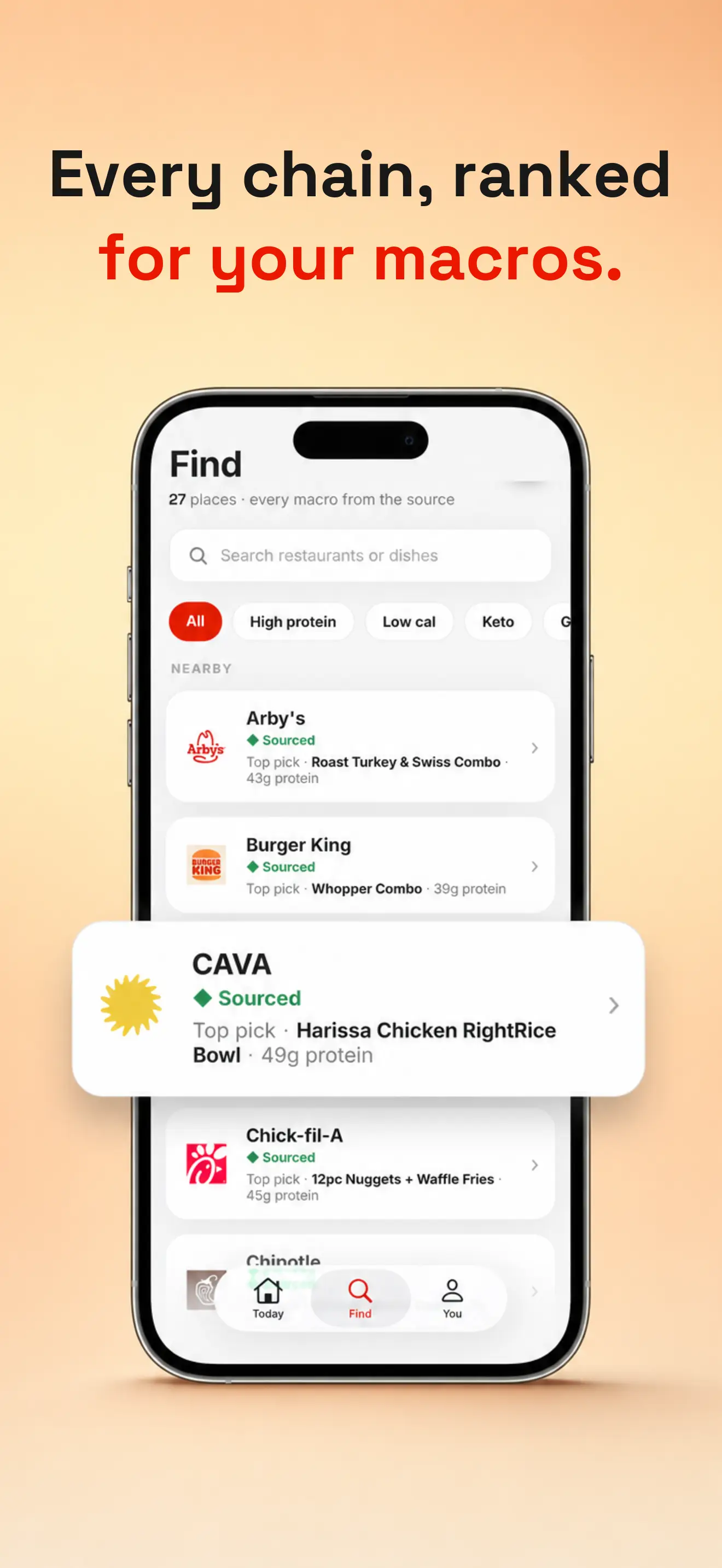 MacroBite's Find screen ranking chain restaurants for your macros