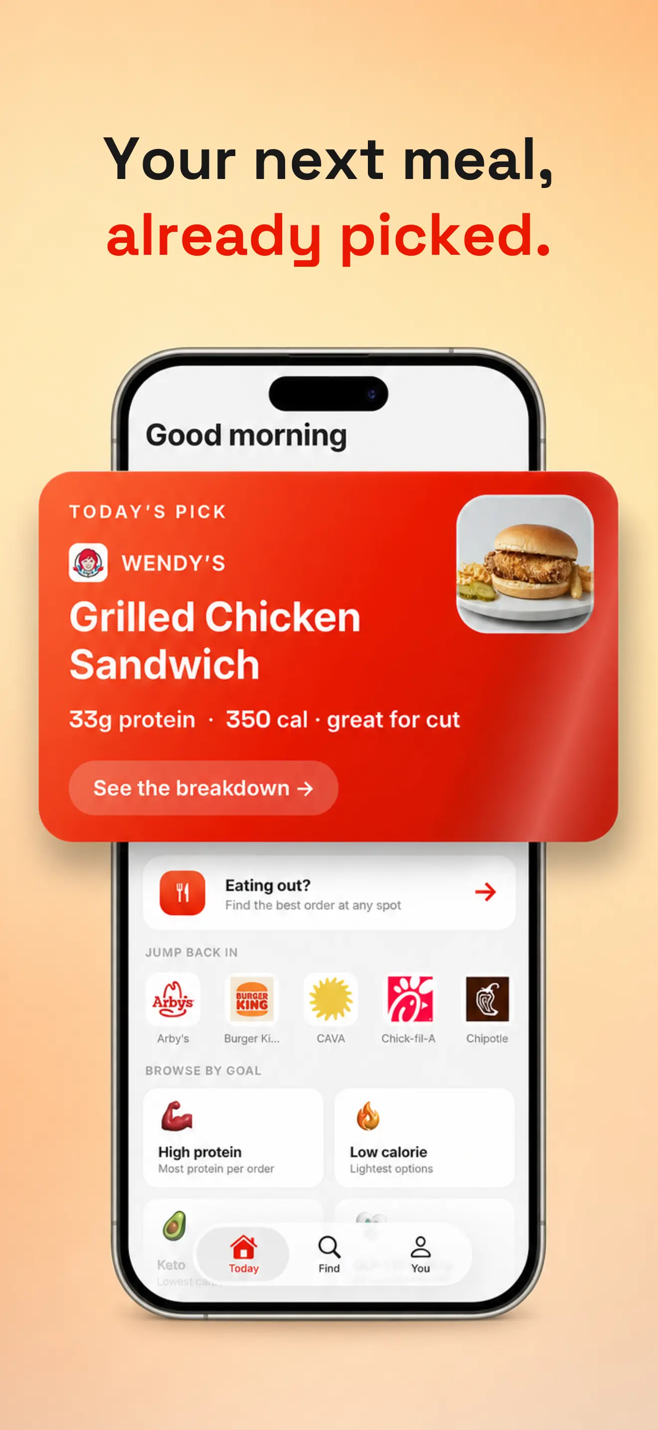 MacroBite home screen showing today's recommended order